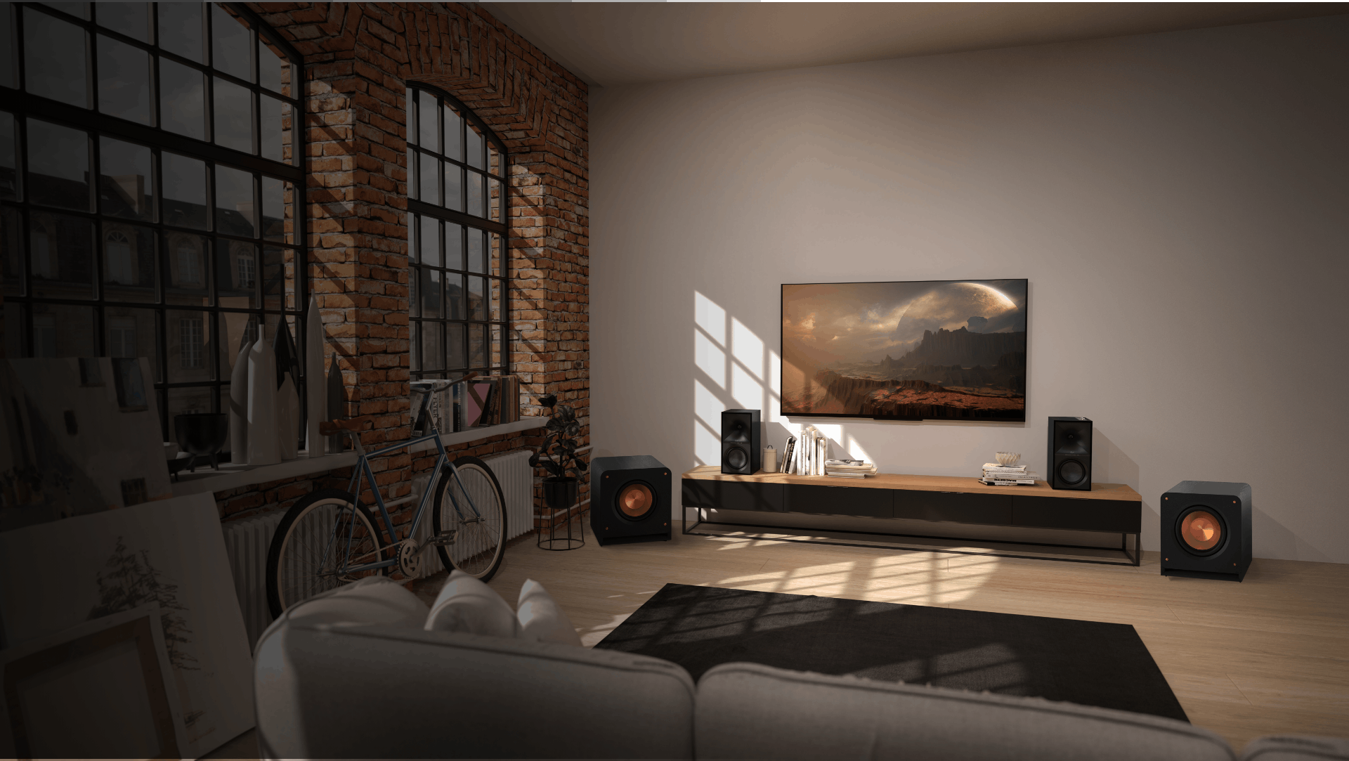 The Sevens and RP 1200 SW in Loft Living Space with Bike